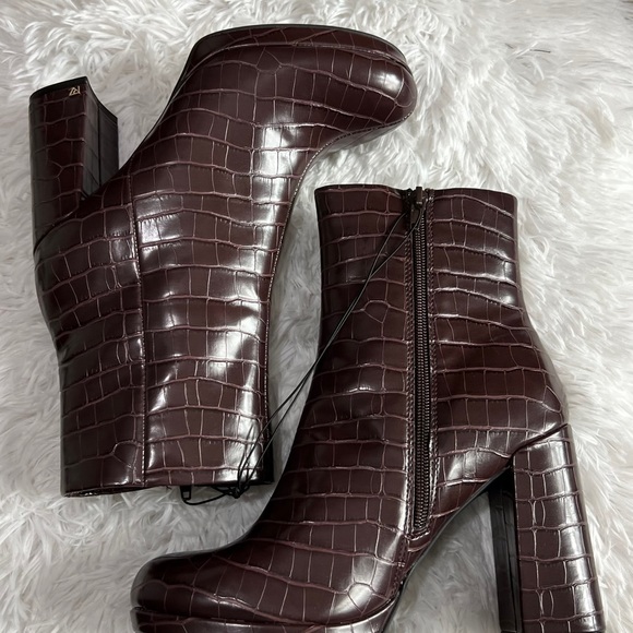 Rachel Zoe Deep Mahogany Croc Embossed Maya Platform Heeled Boots - Picture 7 of 13